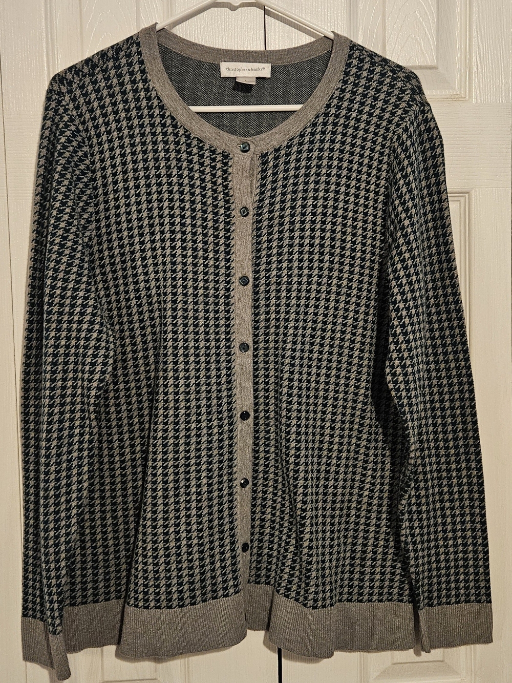 Christopher & Banks Teal and Gray Houndstooth Cardigan